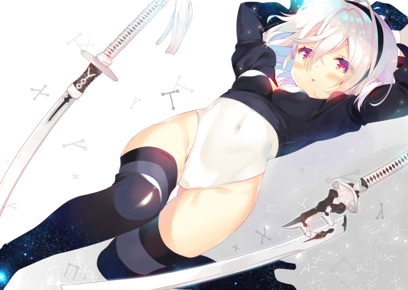 blush, boots, gloves, gradient, headband, katana, leotard, loli, nier, nier:_automata, short_hair, stars, sword, thighhighs, waifu2x, weapon, white_hair, yellow_eyes, yorha_unit_no._2_type_b, yuizaki_kazuya