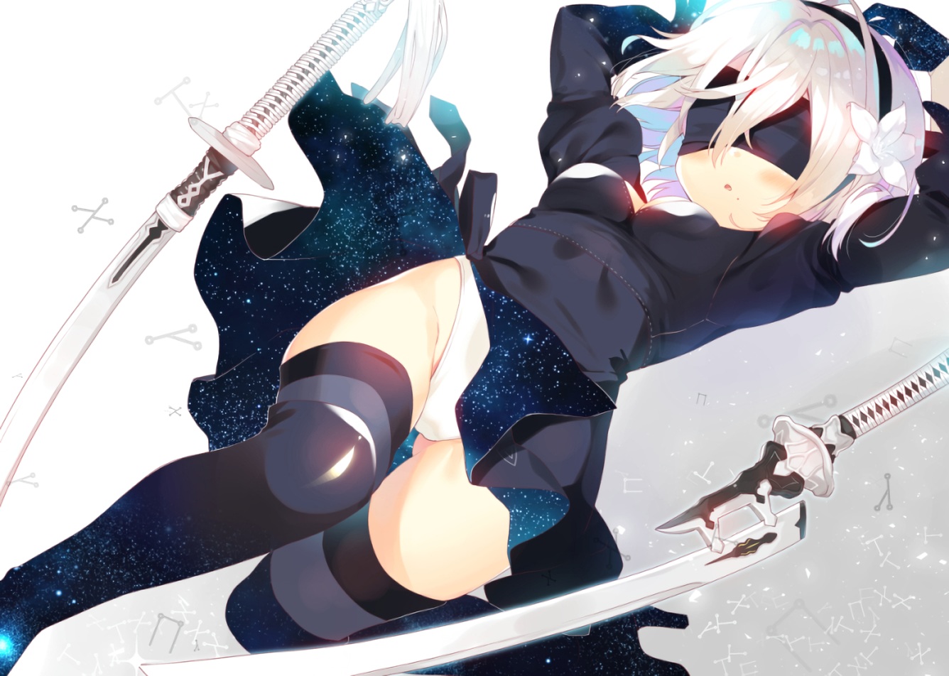blindfold, blush, boots, dress, gloves, gradient, headband, katana