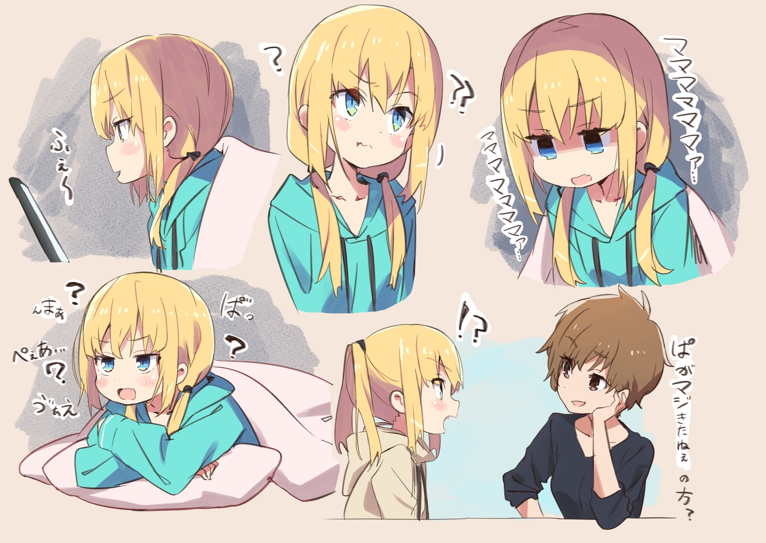 2girls, amaryllis_gumi, aqua_eyes, bed, blonde_hair, brown_eyes, brown_hair, computer