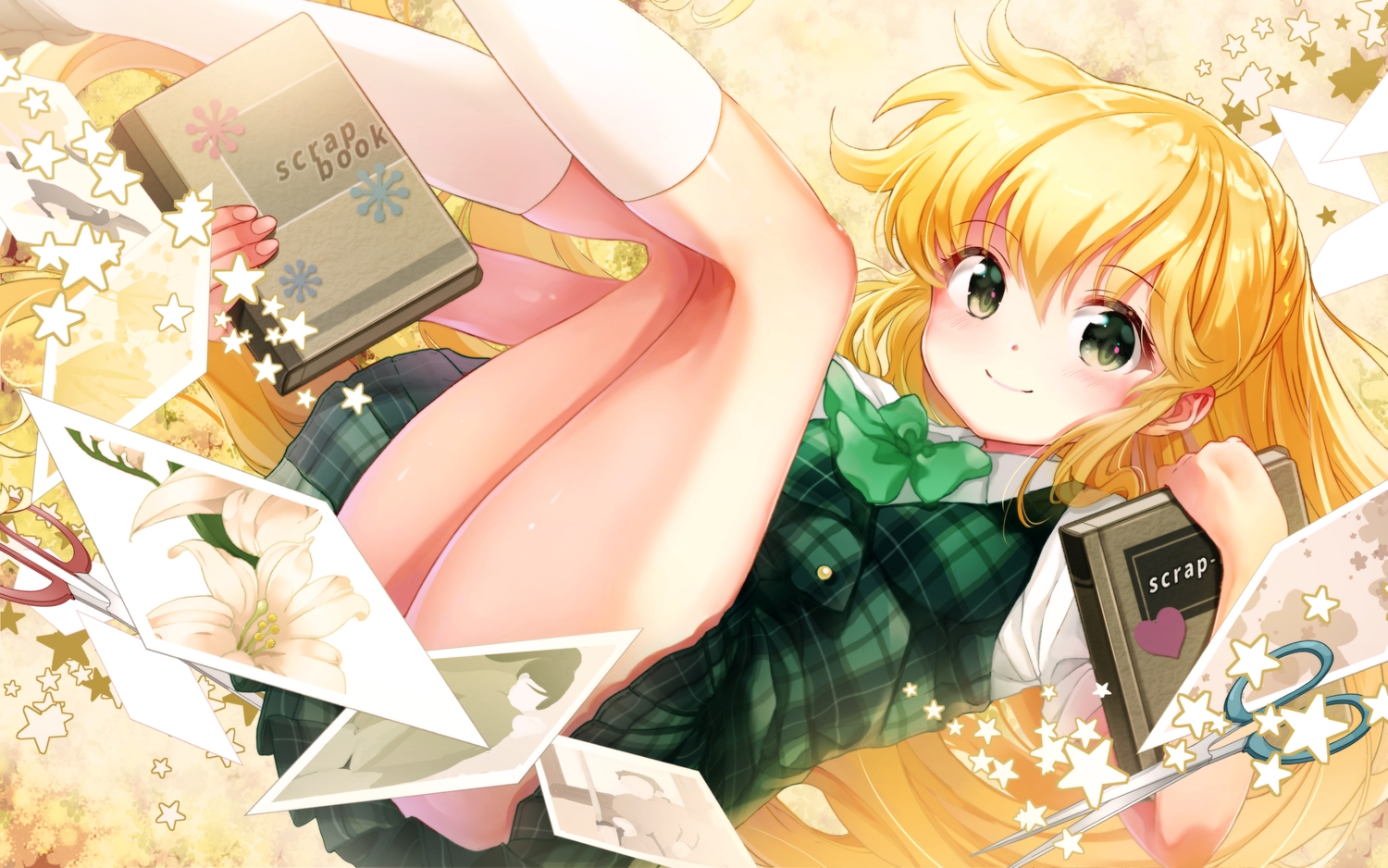 blonde_hair, book, bow, green_eyes, kneehighs, minami_mofuko, original, short_hair