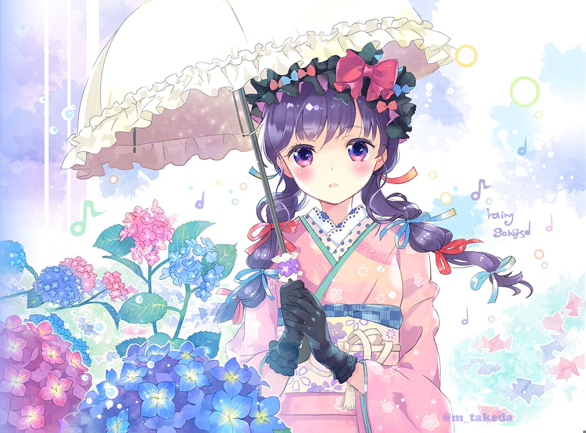 blue_hair, bow, braids, flowers, gloves, hat, japanese_clothes, kimono