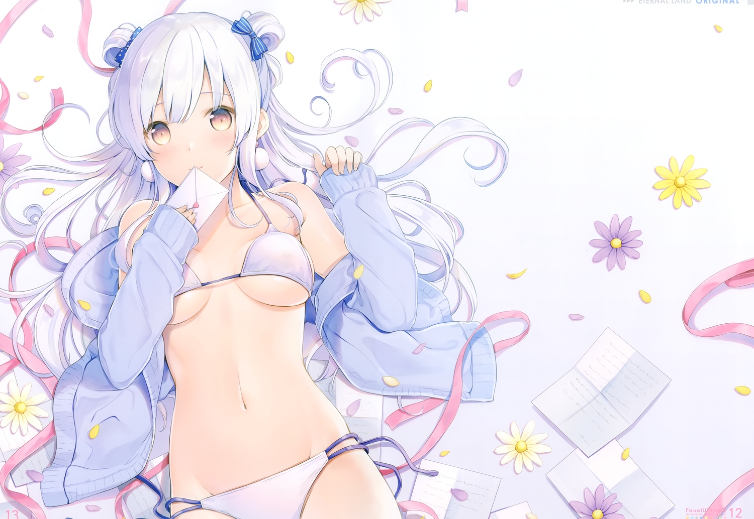 6u_(eternal_land), bikini, bow, long_hair, navel, original, scan, swimsuit, white_hair