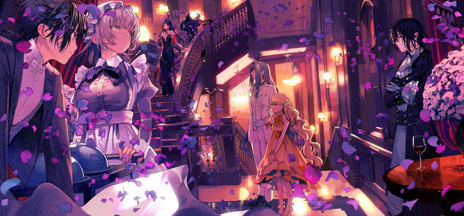 blonde_hair, bow, braids, dress, drink, elizabeth_le_fanyu, flowers, gloves, gray_hair, group, hat, isekai_goumon_hime, loli, long_hair, male, necklace, petals, pointed_ears, ponytail, red_eyes, short_hair, stairs, suit, tagme_(character), ukai_saki, yellow_eyes