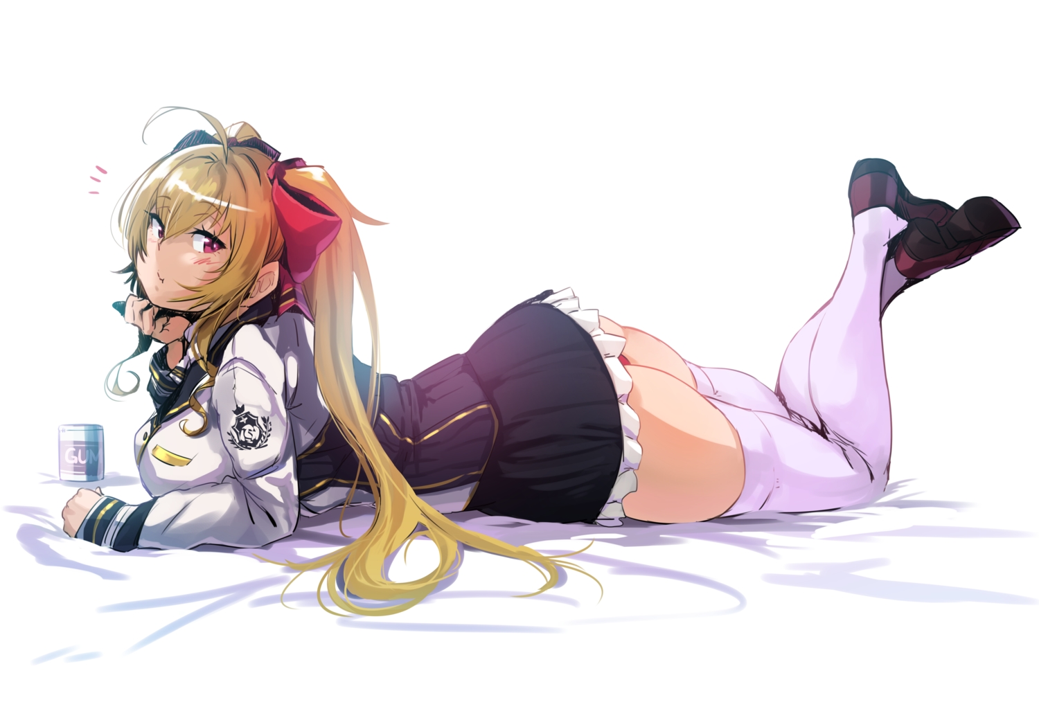 blonde_hair, hero_neisan, nijisanji, pink_eyes, school_uniform, skirt, takamiya_rion, thighhighs, twintails, white