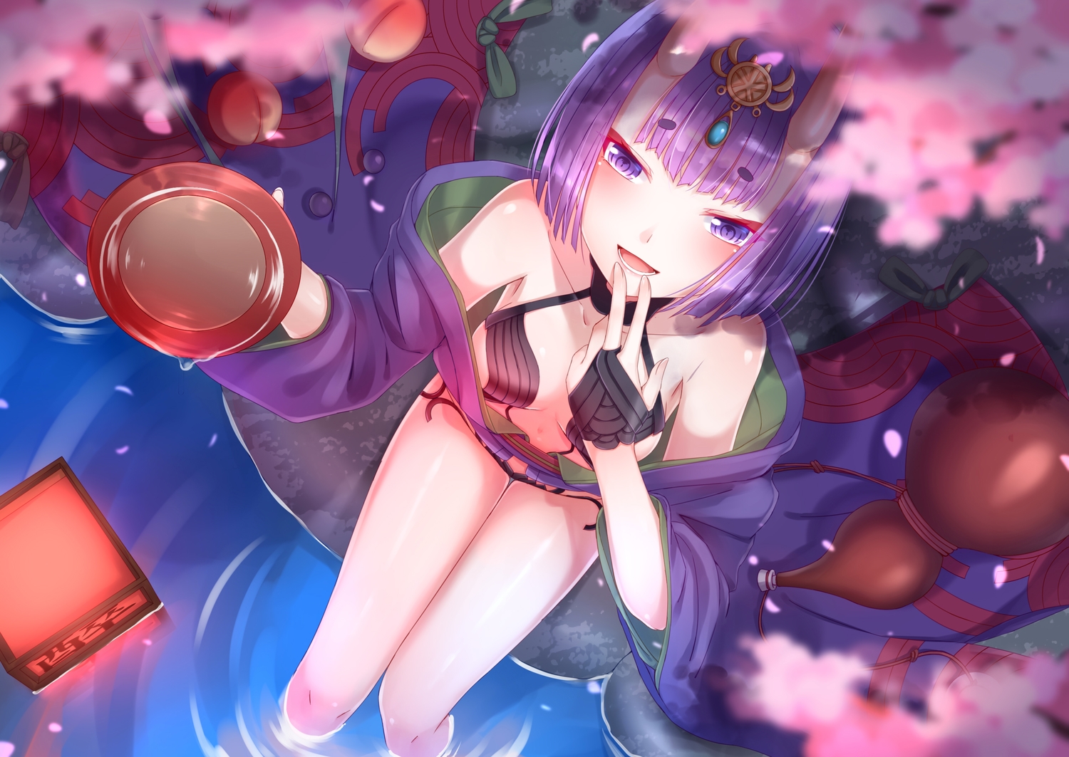breasts, cherry_blossoms, demon, drink, fate/grand_order, fate_(series), flowers, food, fruit, horns, japanese_clothes, kimono, purple_eyes, purple_hair, sake, short_hair, shuten_douji_(fate), sll, water