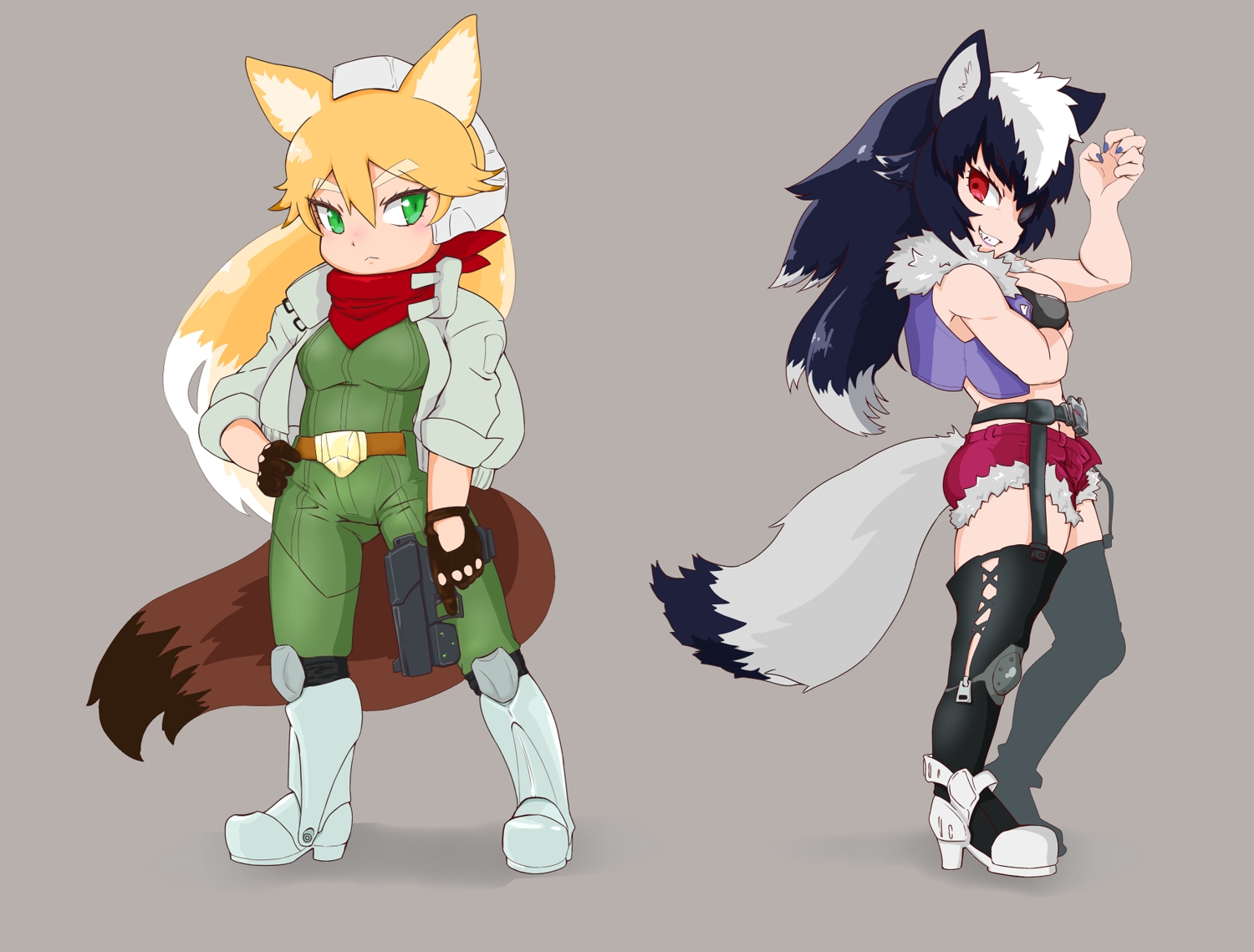 2girls, animal_ears, black_hair, blonde_hair, boots, breast_hold, breasts, cleavage, cosplay, foxgirl, garter_belt, gloves, gray, gray_wolf_(kemono_friends), green_eyes, gun, kemono_friends, long_hair, nat_(gsx-r1300), red_eyes, red_fox_(kemono_friends), scarf, shorts, star_fox, tail, thighhighs, weapon, wolfgirl