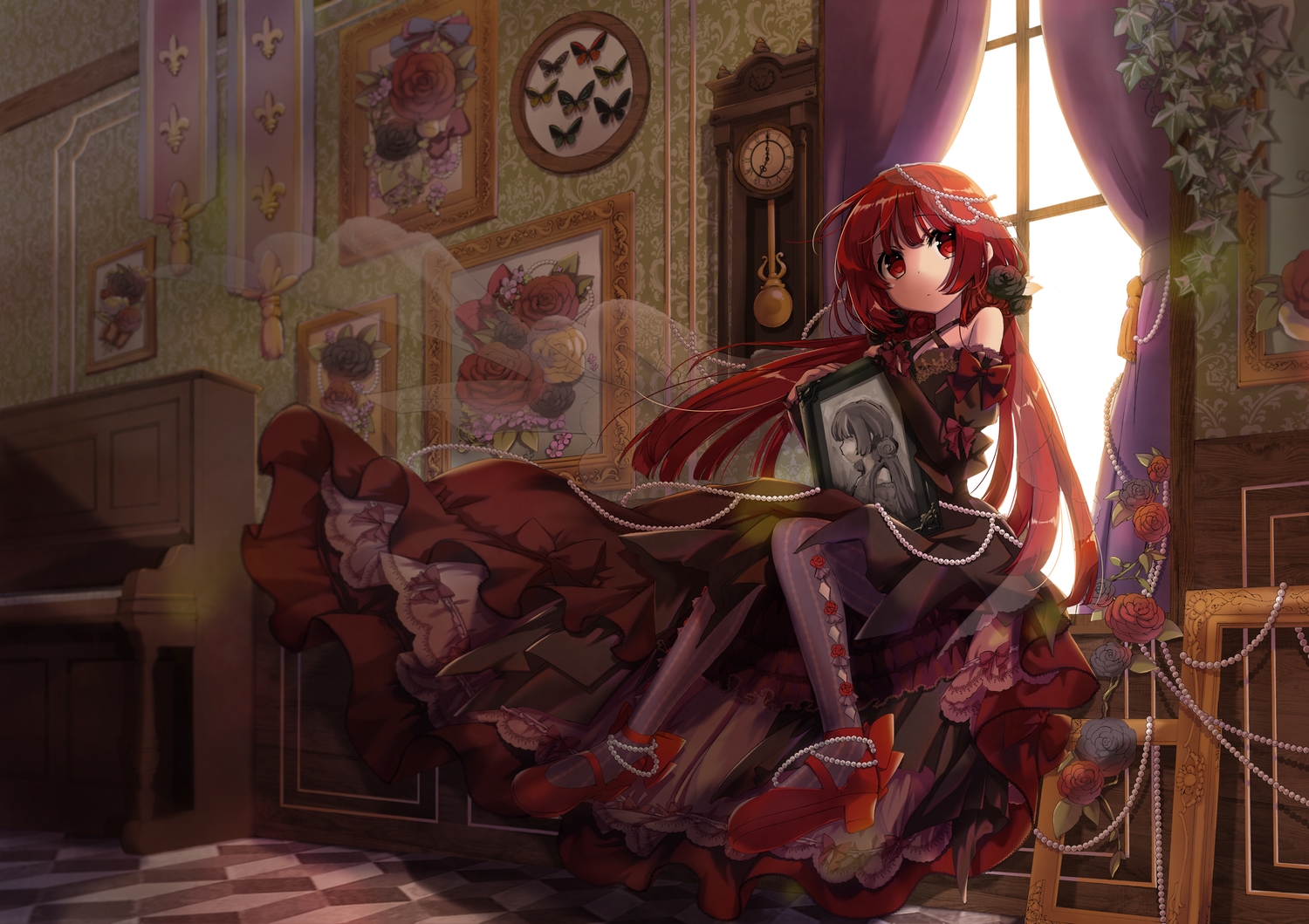 bow, butterfly, flowers, gothic, hekicha, instrument, long_hair, original, pantyhose, piano, red_eyes, red_hair, twintails