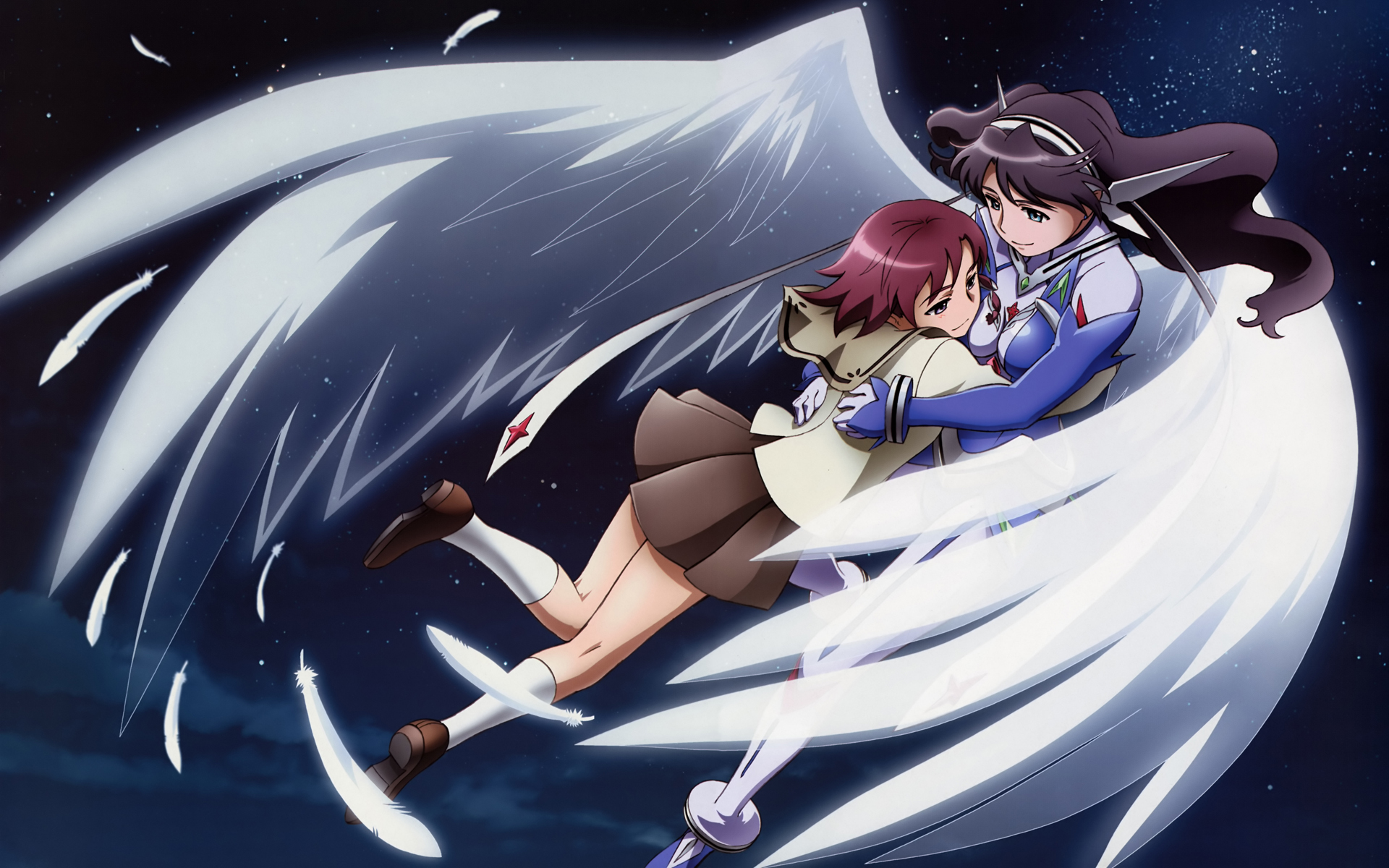black_hair, blue_eyes, feathers, headband, mai_otome_sifr, purple_hair, rena_sayers, school_uniform, sifr_fran, space, wings