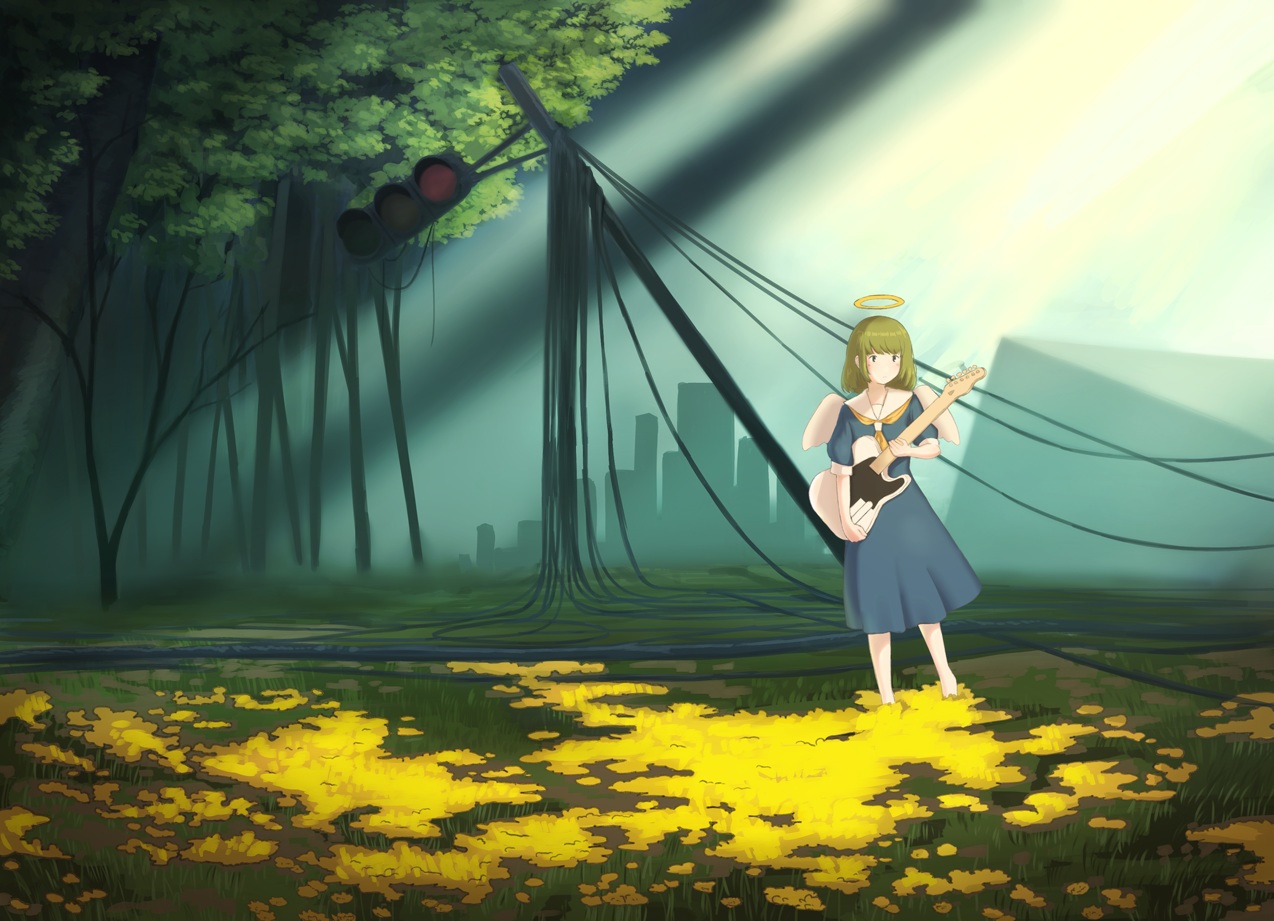 angel, black_eyes, dress, flowers, green_hair, guitar, halo, instrument, nuwara_eliya, original, school_uniform, short_hair, tie, wings