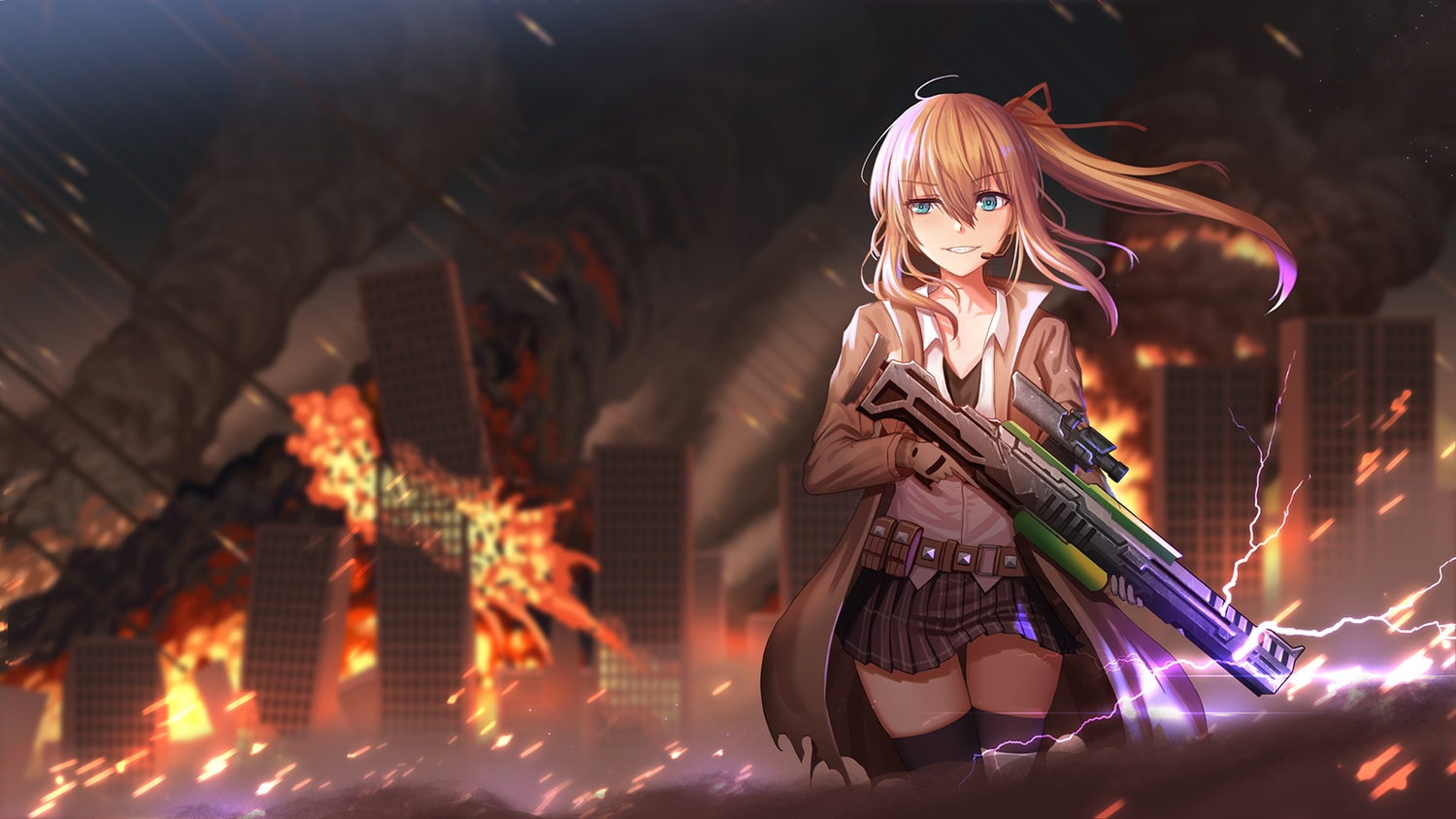 aqua_eyes, blonde_hair, building, city, fire, girls_frontline, gun, kalina_(girls_frontline)