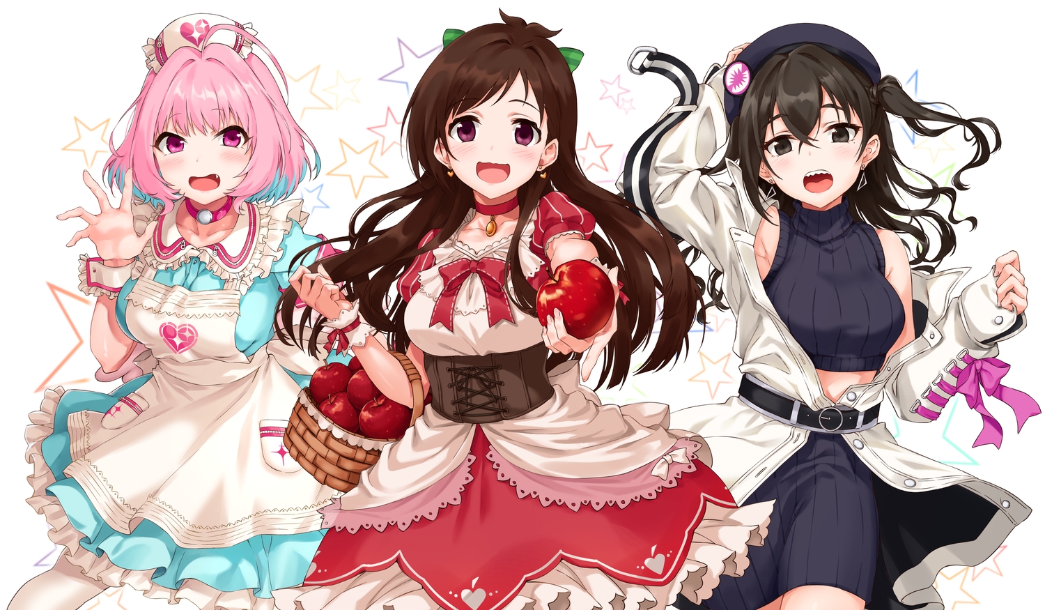 apple, apron, black_eyes, black_hair, bow, cat_smile, choker, corset