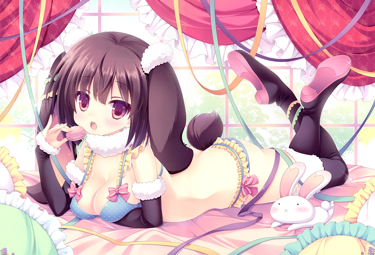 animal_ears, ass, blush, bow, bra, breast_hold, breasts, bunny_ears
