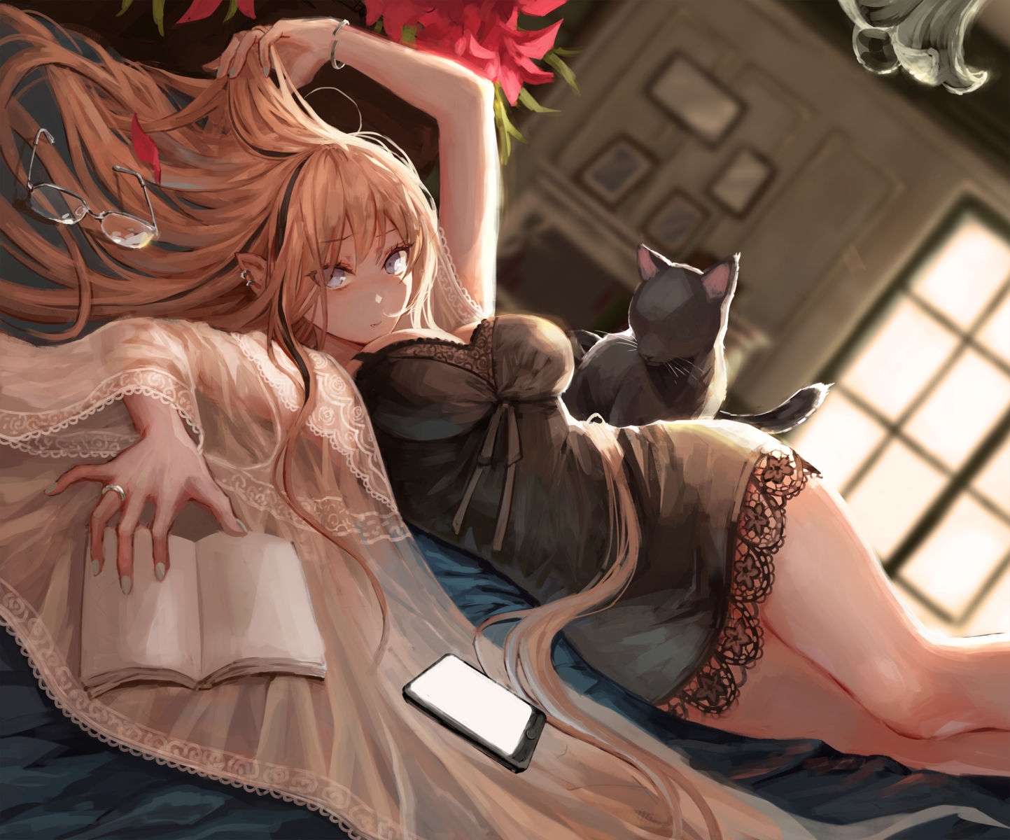 animal, blonde_hair, blue_eyes, book, breasts, cat, cleavage, dress, flowers, glasses, long_hair, okuma_mai, original, phone, pointed_ears, wristwear