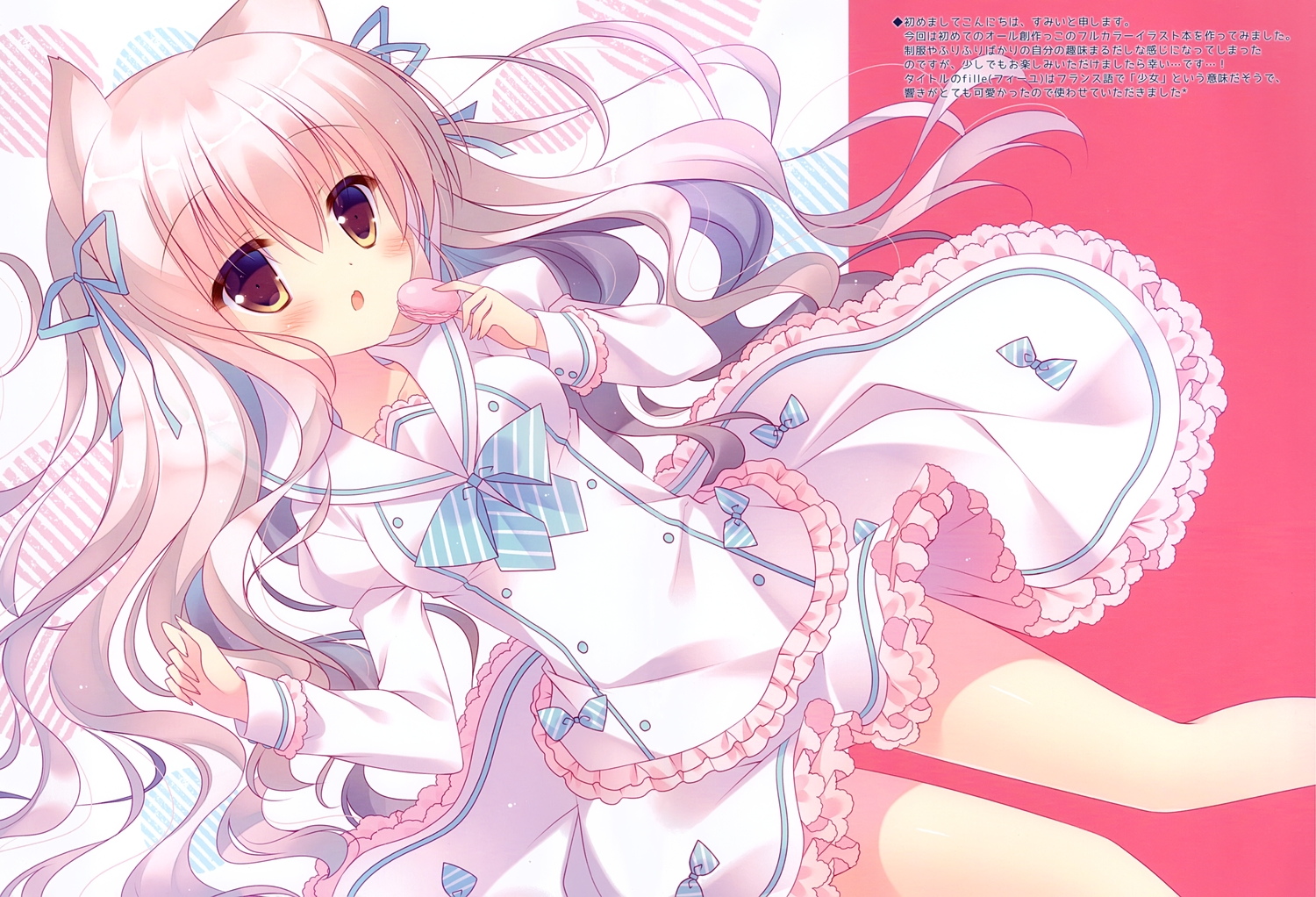 animal_ears, blush, bow, dress, food, gray_hair, lolita_fashion, long_hair