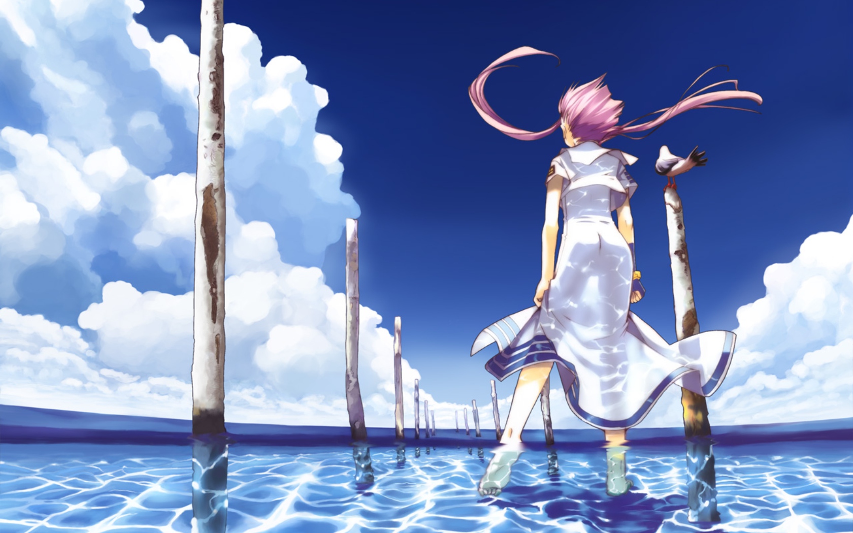 amano_kozue, animal, aria, bird, mizunashi_akari, sky, water
