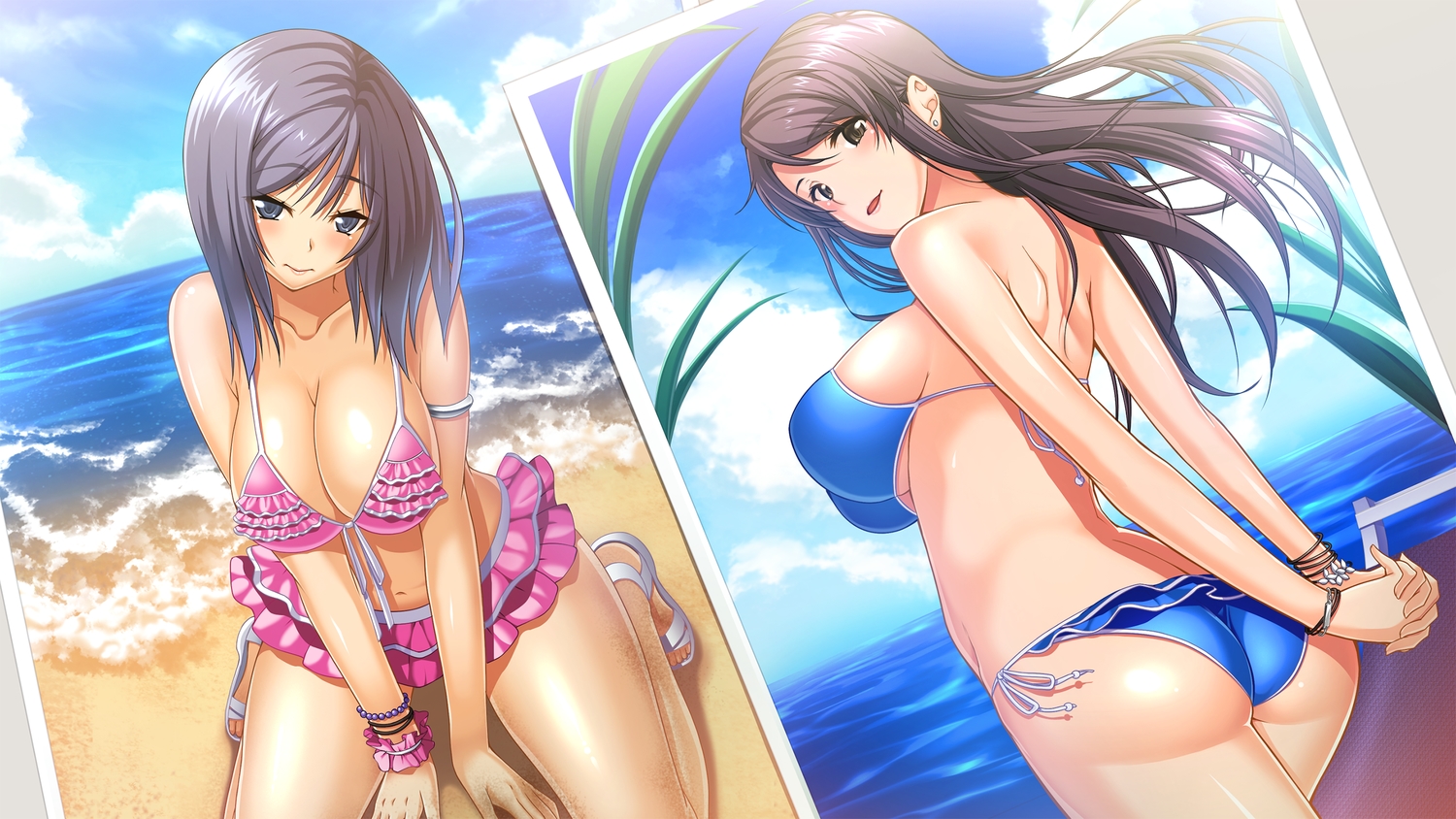 2girls, ass, beach, bikini, black_eyes, black_hair, breasts, brown_eyes, brown_hair, cleavage, game_cg, long_hair, navel, ooba_kotoha, ooba_otoha, shimai_to_nau, short_hair, swimsuit, takanashi-a, waffle, warabino_matsuri, water, wristwear