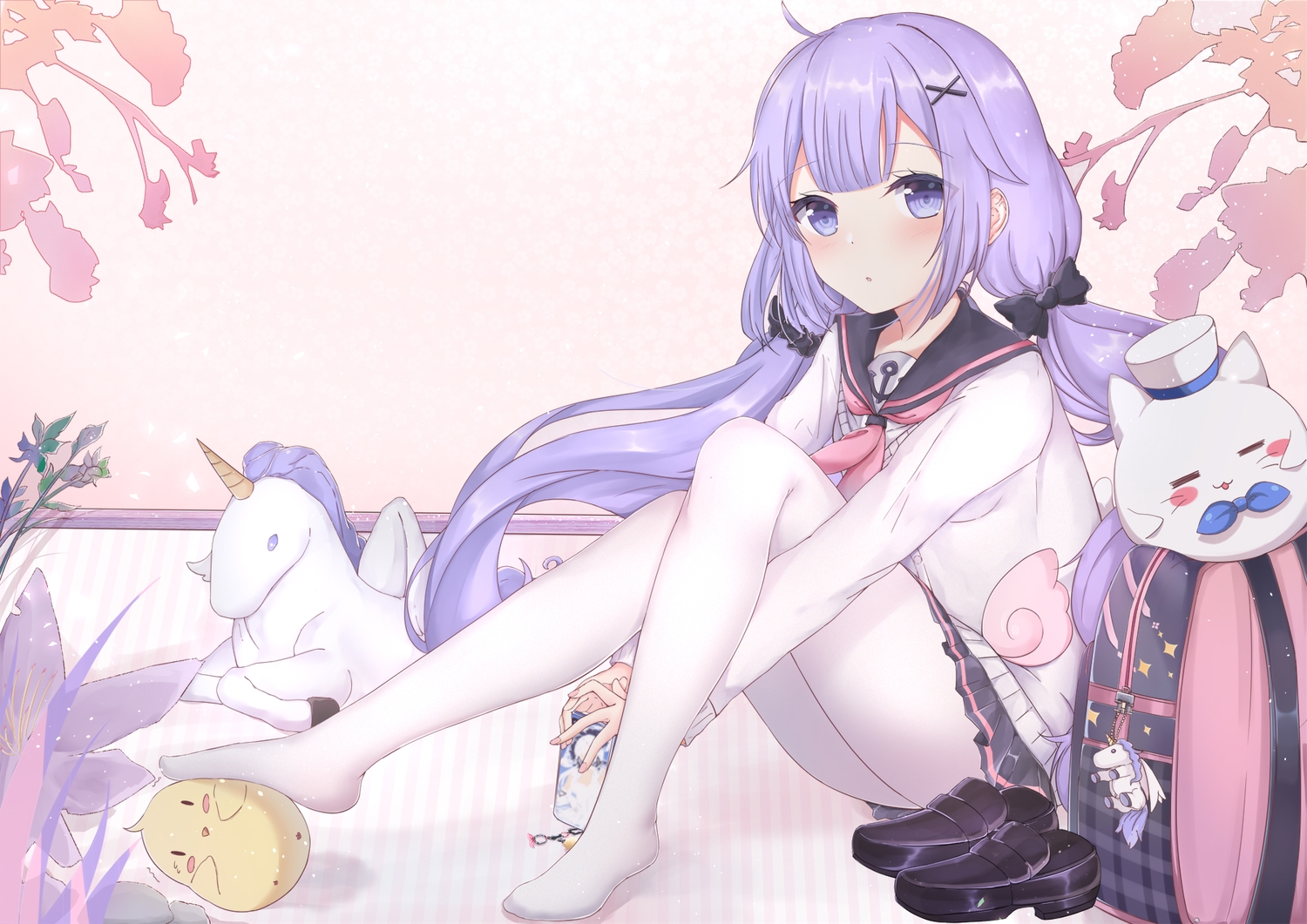animal, anthropomorphism, azur_lane, bird, bow, kuaua, long_hair, manjuu_(azur_lane), pantyhose, purple_eyes, purple_hair, school_uniform, skirt, twintails, unicorn_(azur_lane)