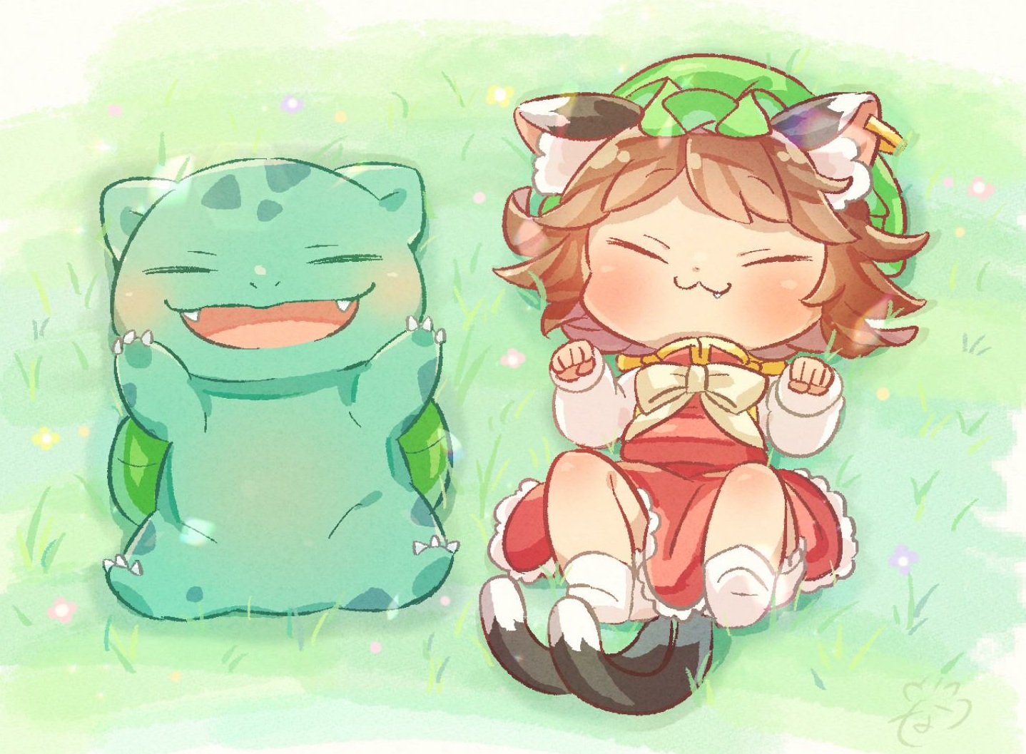 animal_ears, bow, brown_hair, bulbasaur, catgirl, cat_smile, chen, chibi