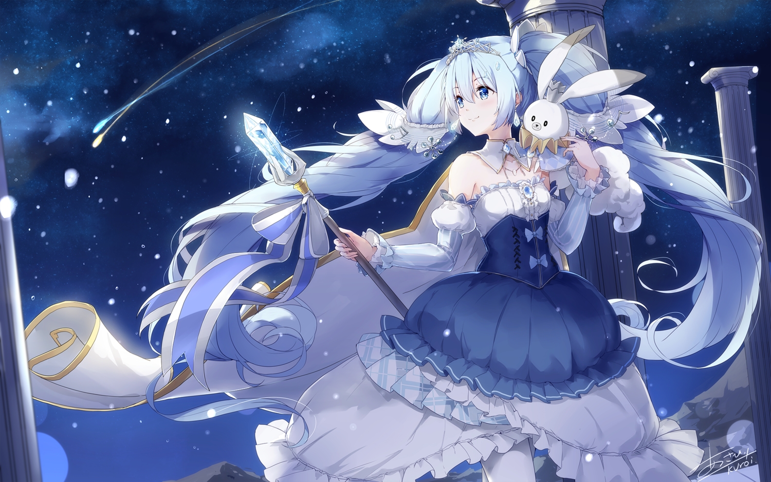 animal, asahi_kuroi, blue_hair, dress, green_eyes, hatsune_miku, long_hair, night