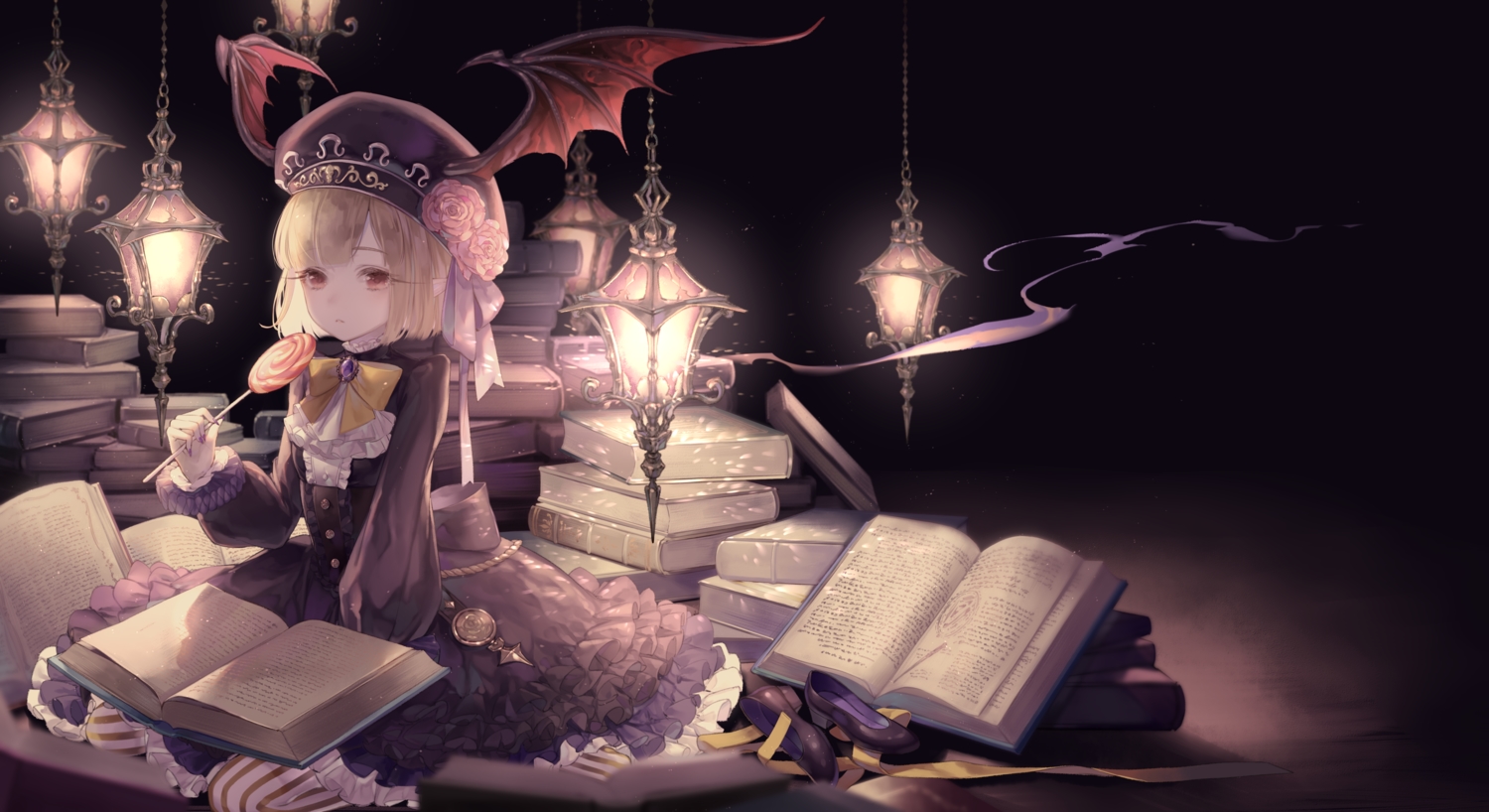 asmodeus_(goetia_cross), blonde_hair, book, bow, candy, flowers, goetia_cross, goth-loli