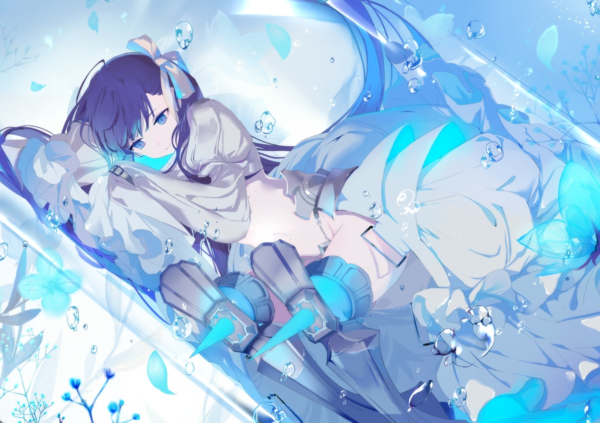 armor, blue_eyes, bow, bubbles, fate/grand_order, fate_(series), flowers, long_hair, meltryllis, polychromatic, purple_hair, underwater, water, yukisame
