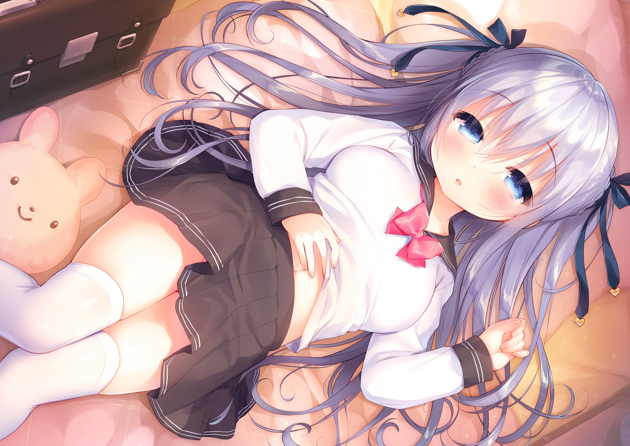 aqua_eyes, bed, blush, braids, gray_hair, long_hair, navel, original