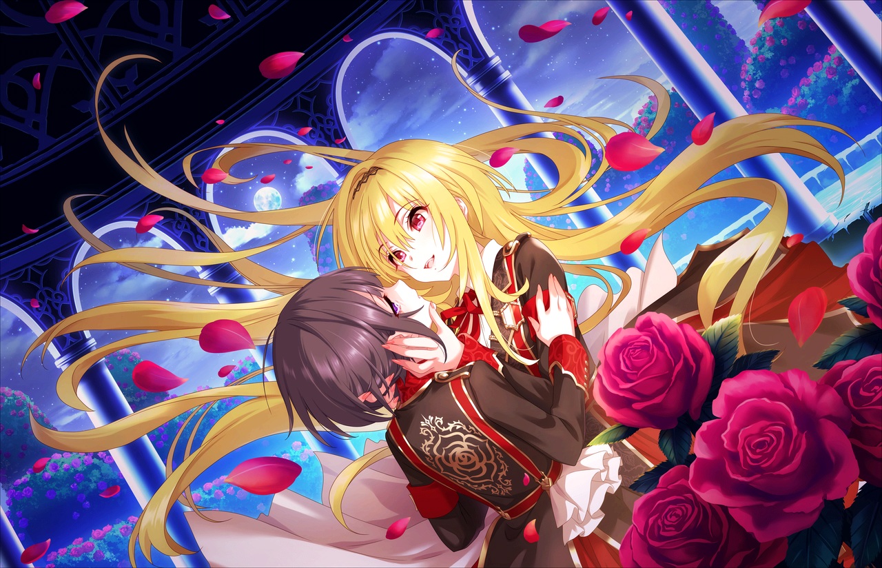 2girls, annin_doufu, black_hair, blonde_hair, clouds, flowers, headband, idolmaster
