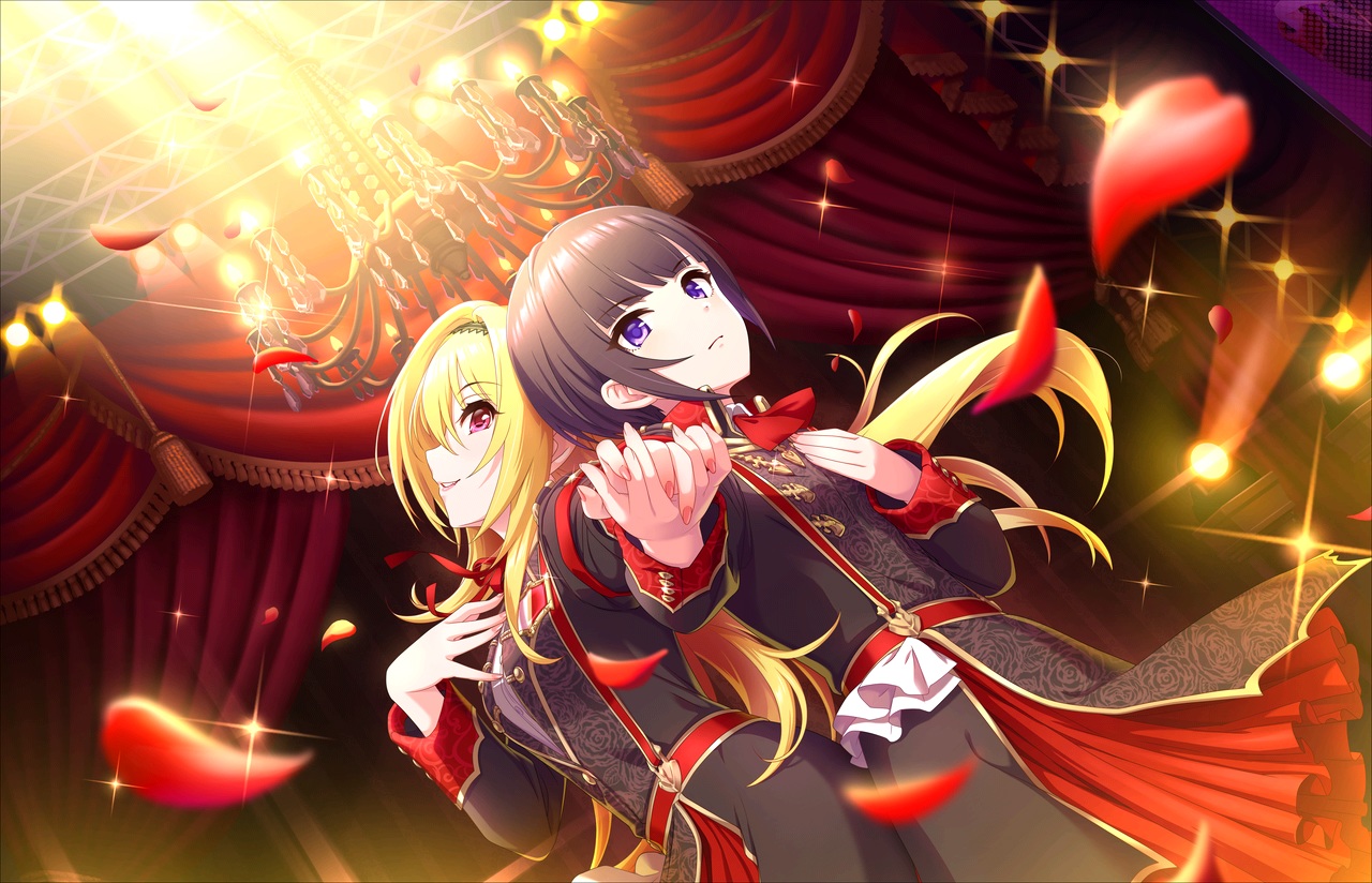 2girls, annin_doufu, black_hair, blonde_hair, headband, idolmaster, idolmaster_cinderella_girls, idolmaster_cinderella_girls_starlight_stage