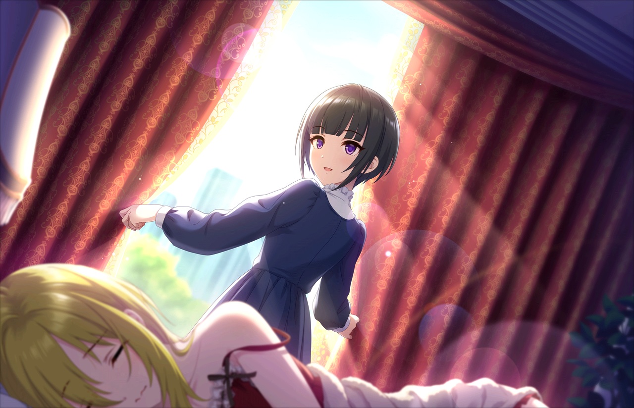 2girls, annin_doufu, black_hair, blonde_hair, dress, idolmaster, idolmaster_cinderella_girls, idolmaster_cinderella_girls_starlight_stage