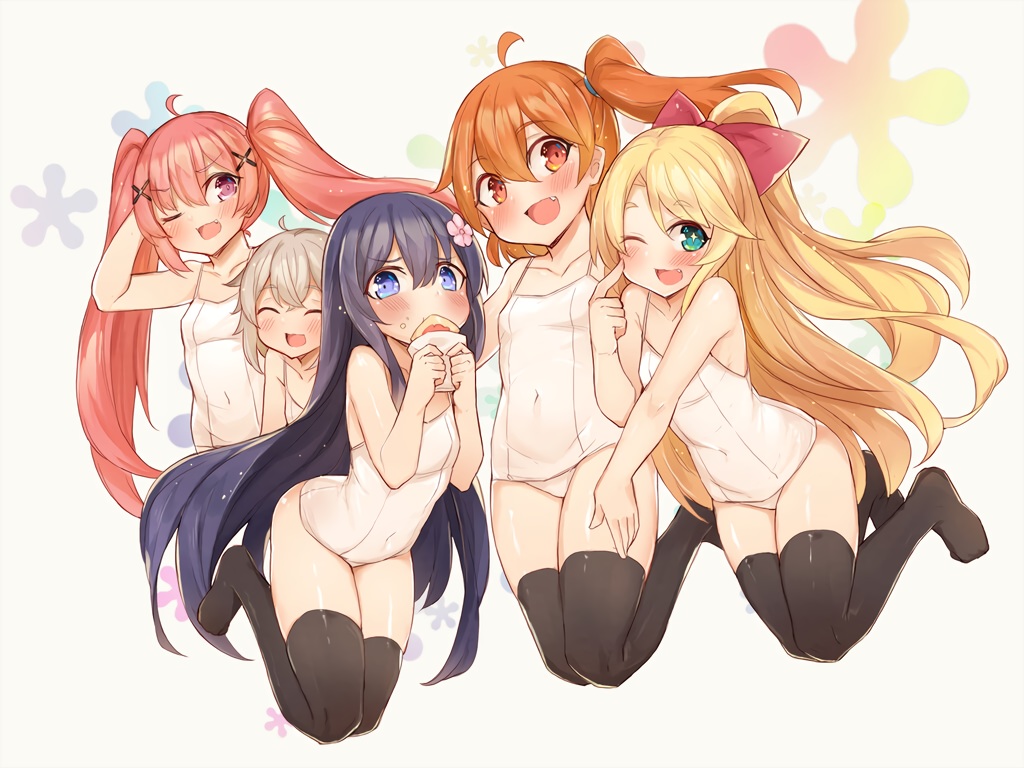 black_hair, blonde_hair, blue_eyes, blush, bow, fang, flat_chest, food, gray_hair, green_eyes, group, himesaka_noa, hoshino_hinata, konomori_kanon, loli, long_hair, mou_tama_maru, orange_eyes, orange_hair, pink_eyes, pink_hair, ponytail, school_swimsuit, shirosaki_hana, short_hair, swimsuit, tanemura_koyori, thighhighs, twintails, watashi_ni_tenshi_ga_maiorita!, wink