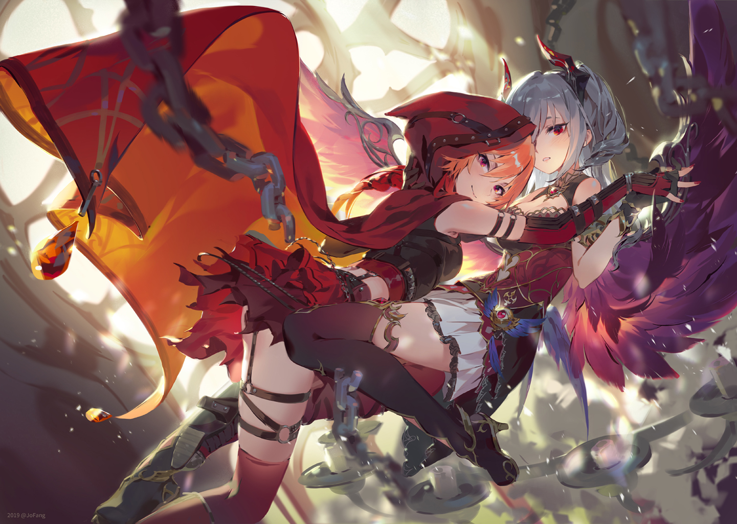 2girls, cape, chain, elbow_gloves, gloves, hood, horns, idolmaster