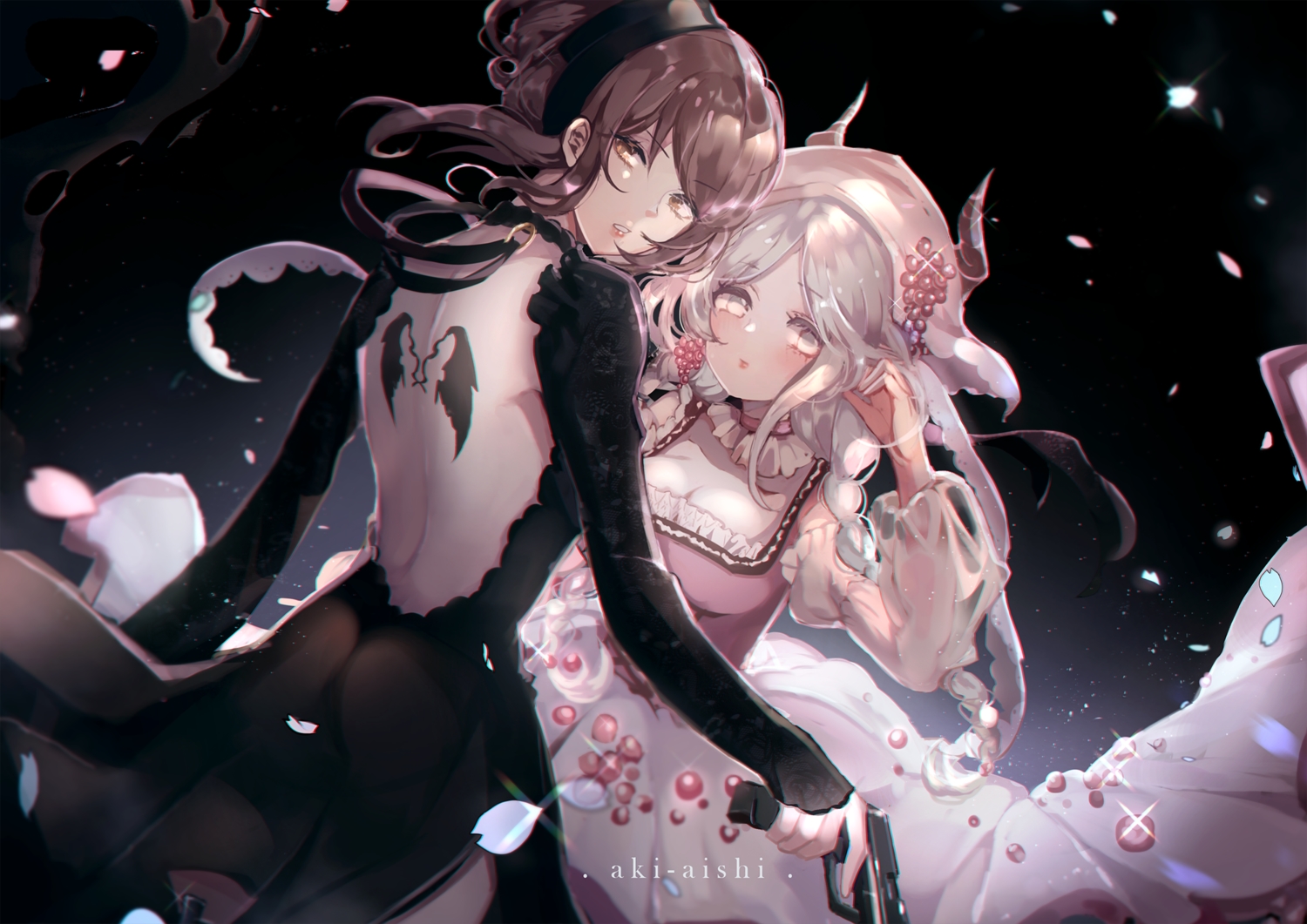 2girls, akira_aishi, anthropomorphism, black_tea_(food_fantasy), braids, breasts, brown_eyes, brown_hair, cherry_blossoms, cleavage, dress, flowers, food_fantasy, gun, long_hair, milk_(food_fantasy), ponytail, tattoo, watermark, weapon, white_hair