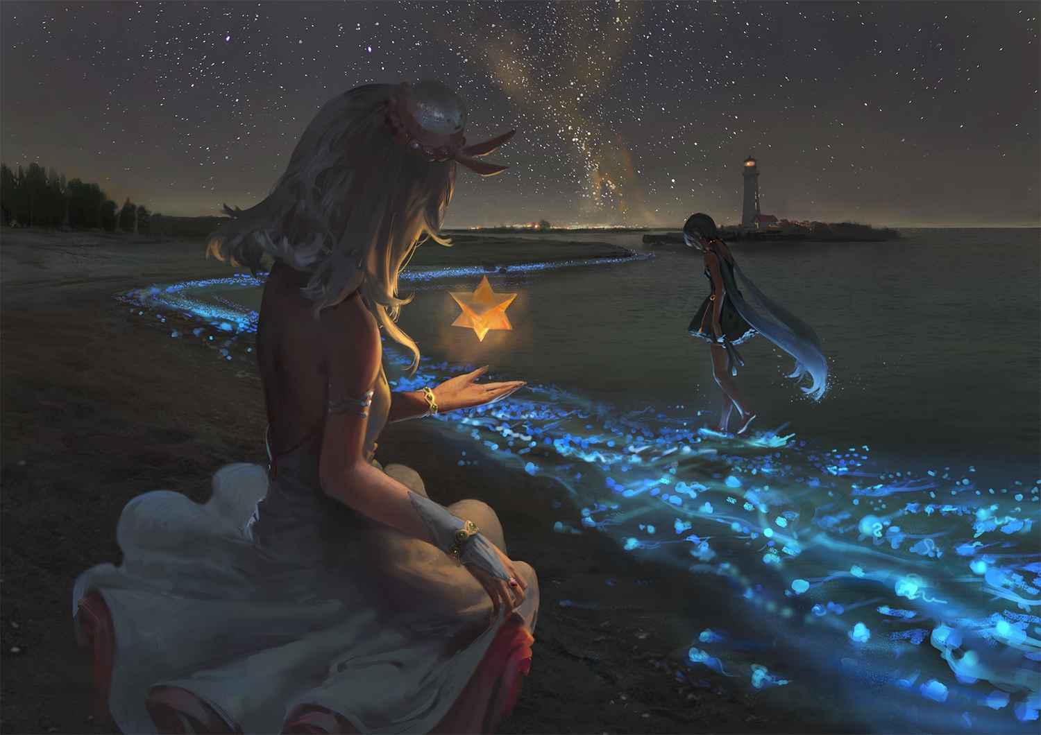 2girls, barefoot, beach, dark, dress, haiyi, hat, jeanex