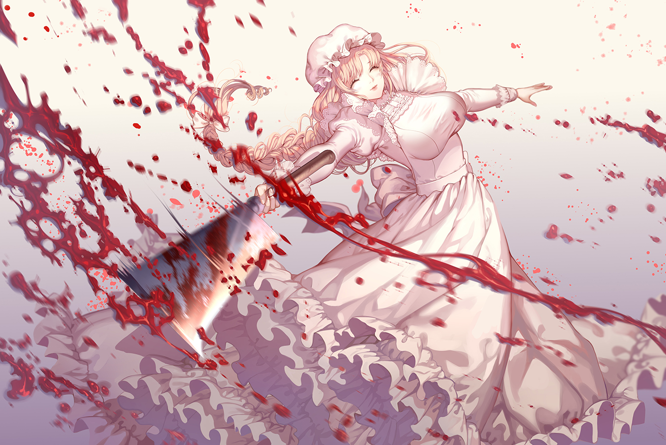 anthropomorphism, apron, blonde_hair, blood, braids, breasts, dress, hat