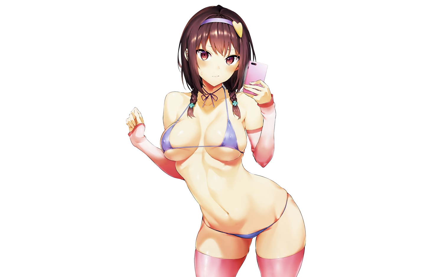 bikini, blush, braids, brown_hair, camera, erect_nipples, hiiragi_yuuichi, navel, onii-san_no_hikkoshi_no_katazuke_ga_susumanai, phone, red_eyes, swimsuit, takaho_(onii-san_no_hikkoshi_no_katazuke_ga_susumanai), thighhighs, third-party_edit, white