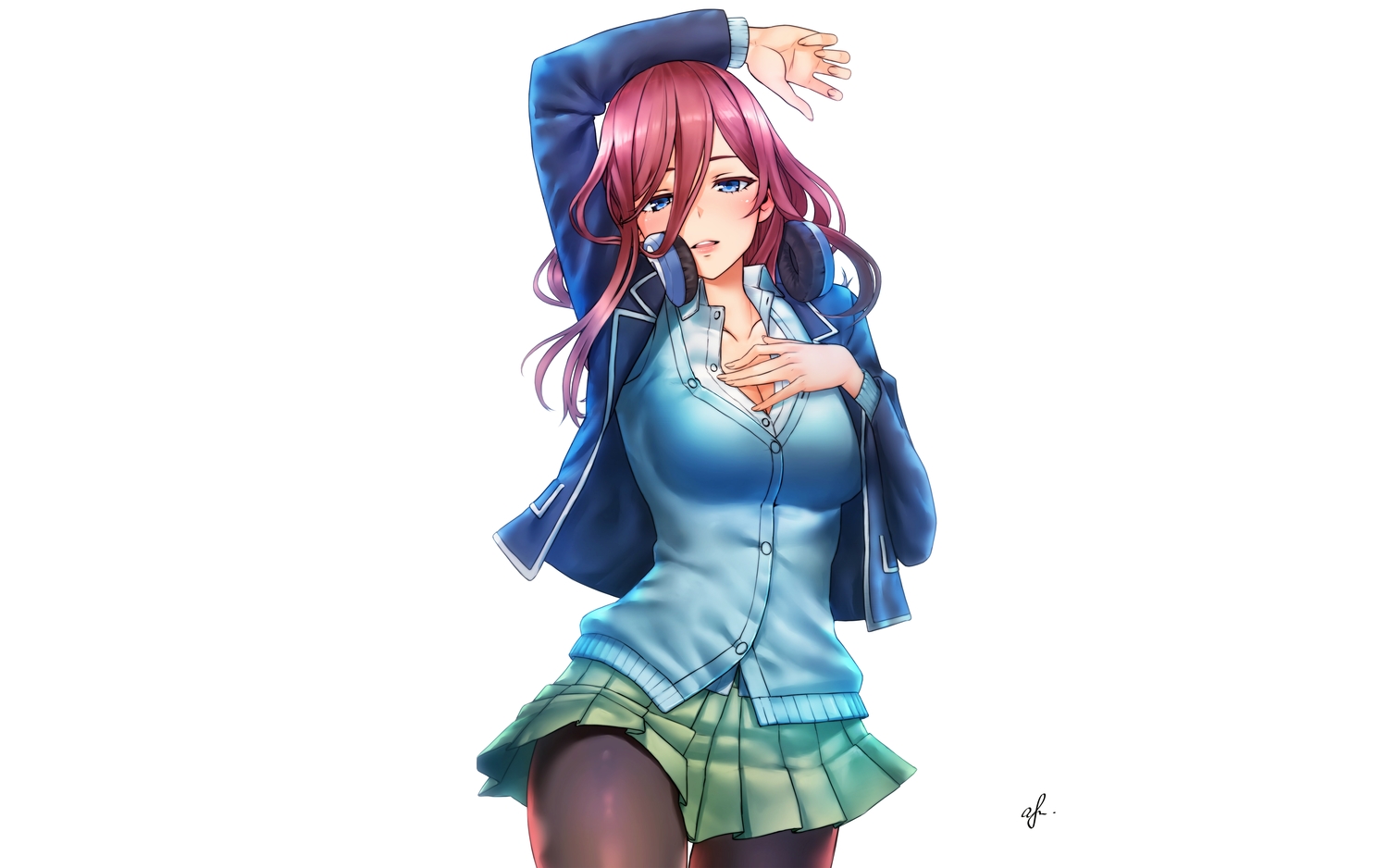 afba, blue_eyes, breasts, cleavage, go-toubun_no_hanayome, headphones, nakano_miku, red_hair, school_uniform, signed, third-party_edit, white