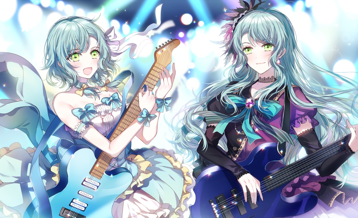 2girls, aliasing, aqua_hair, bang_dream!, bow, choker, dress, green_eyes
