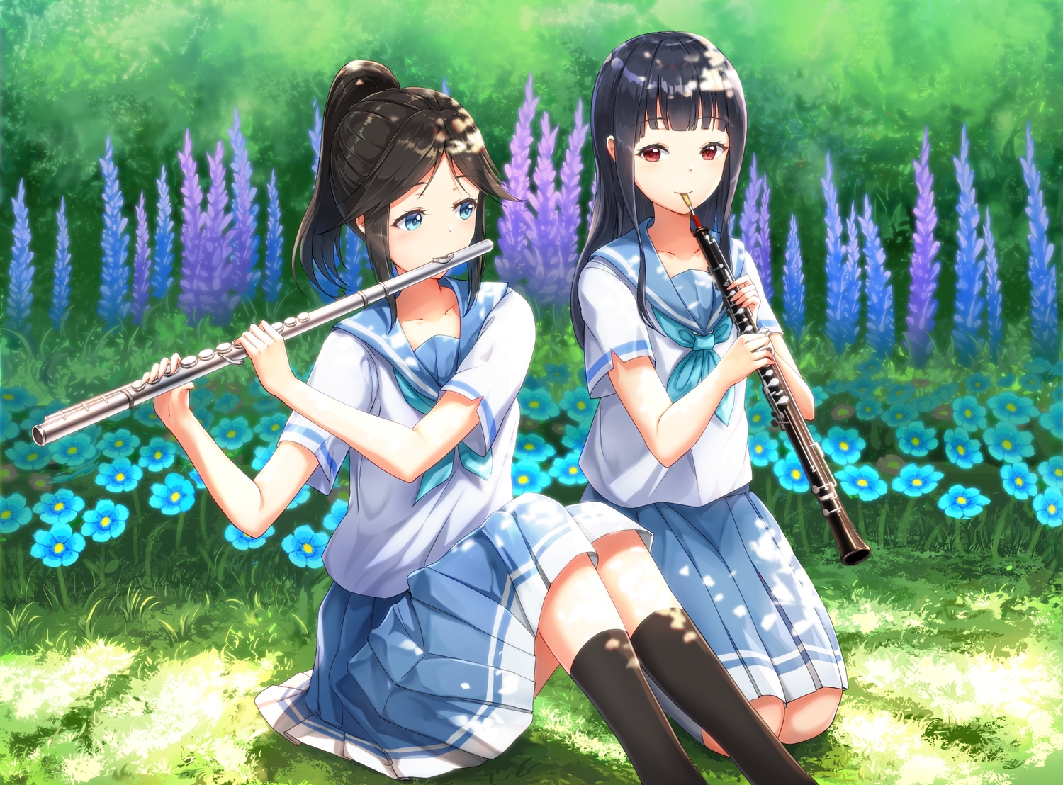 2girls, green, hibike!_euphonium, instrument, kasaki_nozomi, liz_to_aoi_tori, lunacle, yoroizuka_mizore
