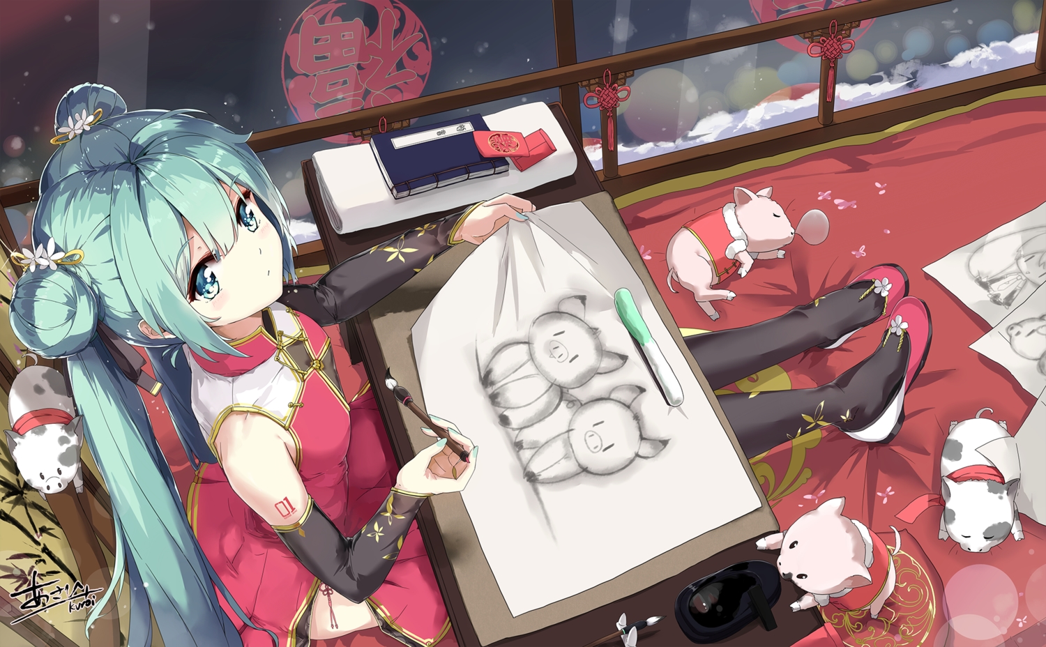 animal, asahi_kuroi, chinese_clothes, chinese_dress, dress, hatsune_miku, signed, vocaloid