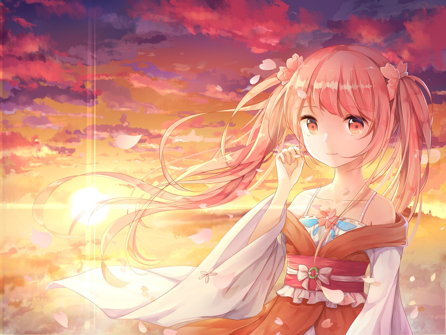 clouds, hatsune_miku, petals, pink_eyes, pink_hair, sakura_miku, sky, sunset