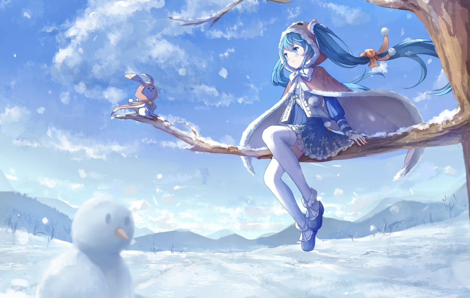 hatsune_miku, snow, tree, vocaloid, yue_yue, yuki_miku, yukine_(vocaloid)