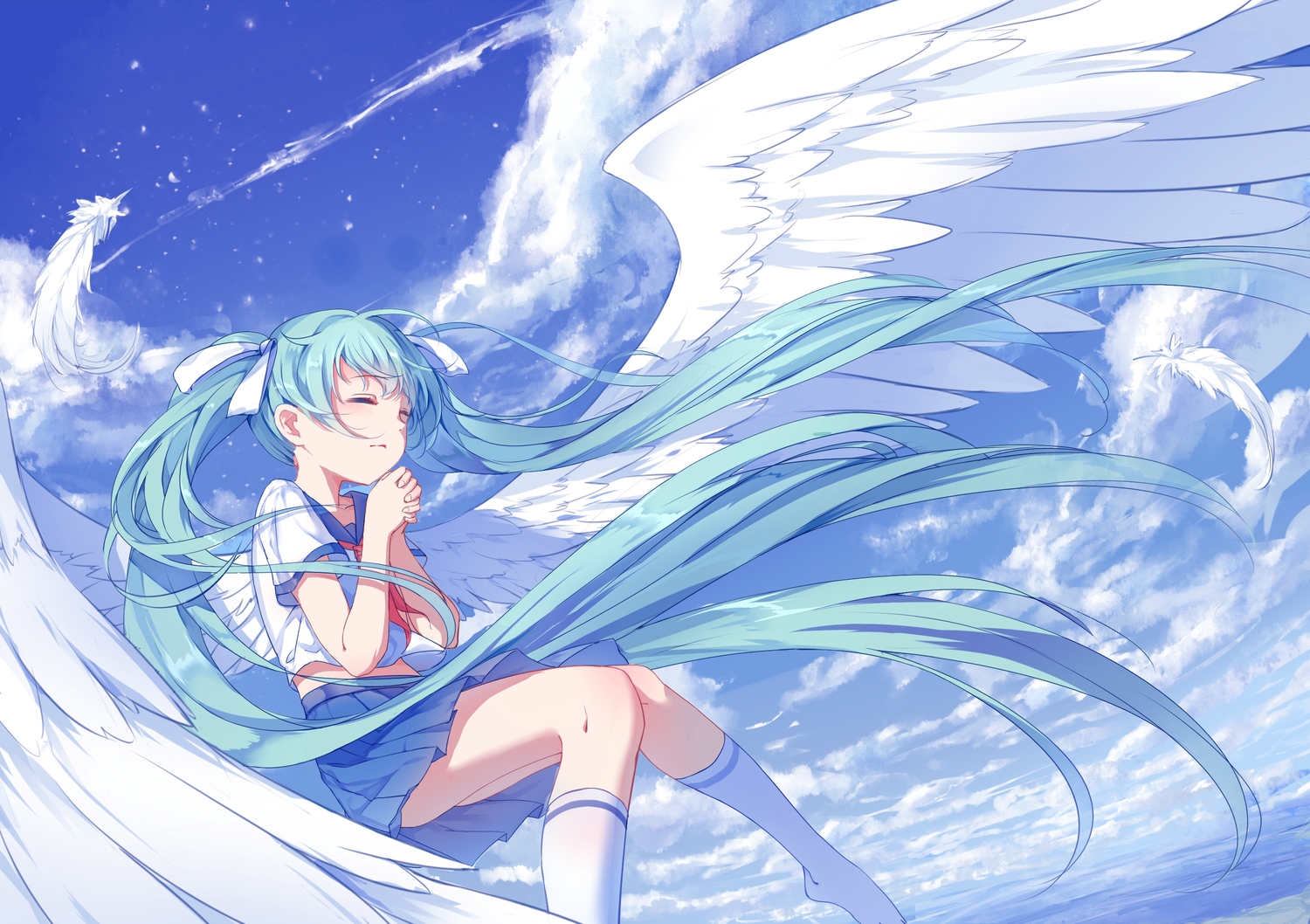 aqua_hair, clouds, hatsune_miku, long_hair, sky, twintails, vocaloid, wings