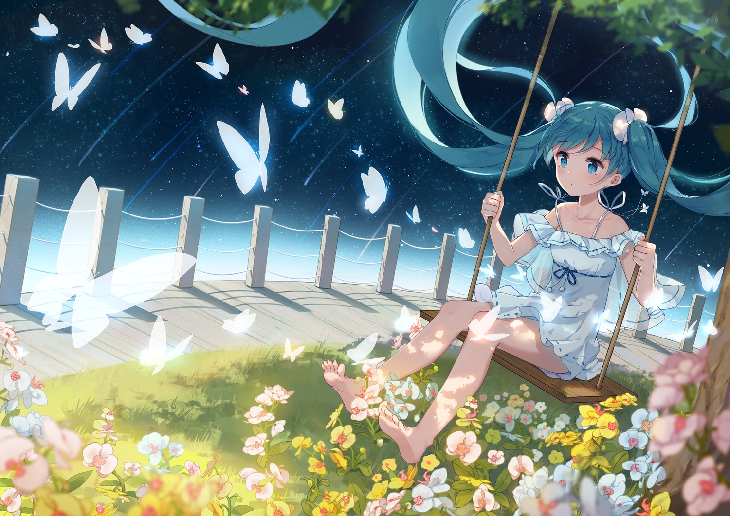 aqua_eyes, aqua_hair, barefoot, butterfly, flowers, grass, hatsune_miku, long_hair