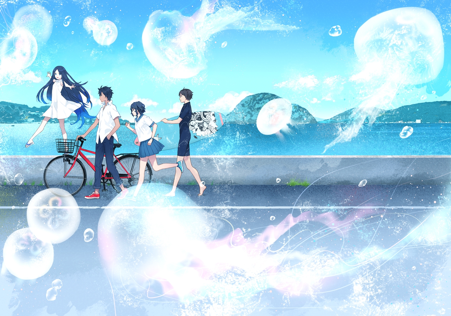bicycle, group, male, original, takenashi_eri