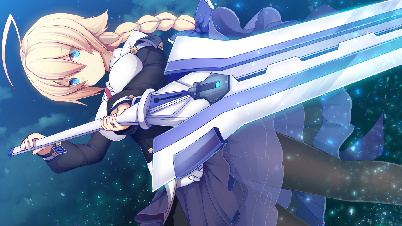 aqua_eyes, blazblue, blonde_hair, daiaru, es_(blazblue), long_hair, sword, weapon