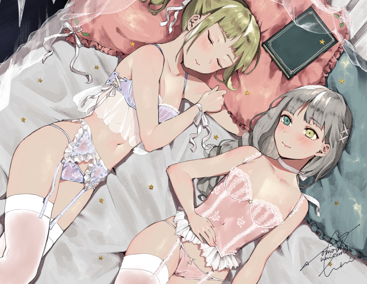 2girls, bed, bicolored_eyes, blush, book, bra, braids, gray_hair