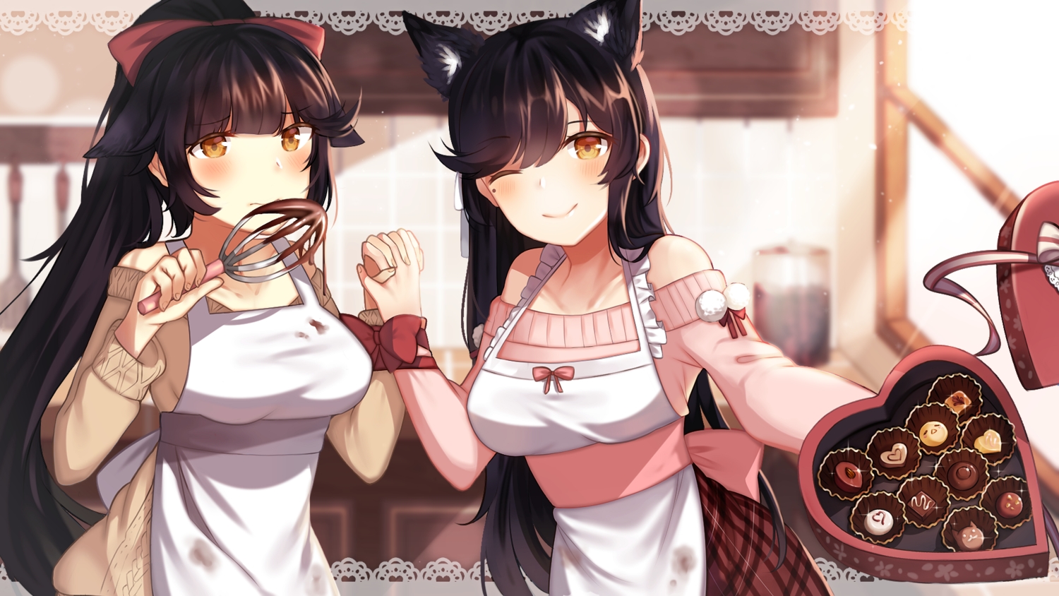 2girls, animal_ears, anthropomorphism, atago_(azur_lane), azur_lane, candy, chocolate, doggirl, roslyria, takao_(azur_lane), valentine