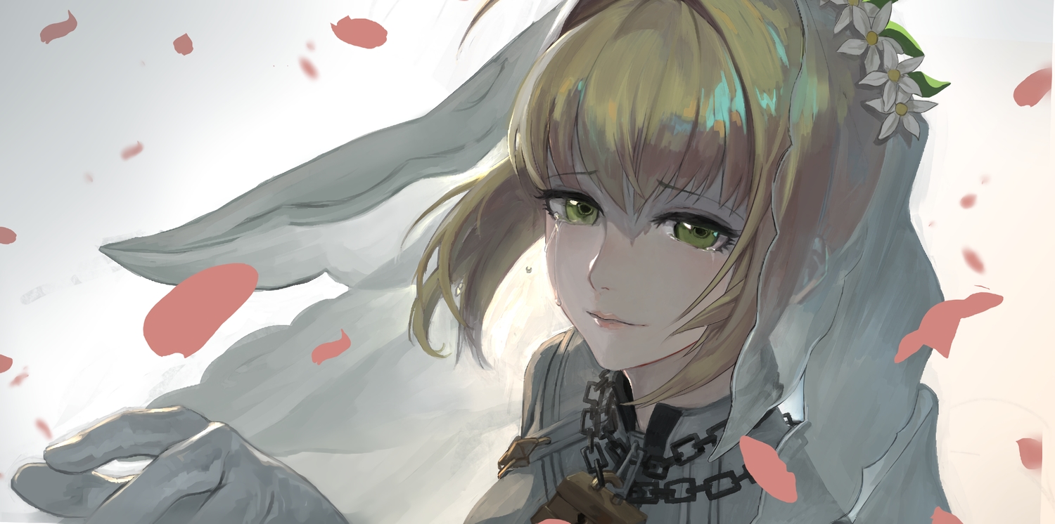 blonde_hair, chain, close, crying, fate/grand_order, fate_(series), green_eyes, headdress, nero_claudius_(bride), nero_claudius_(fate), peperon_(peperou), petals, short_hair, tears, waifu2x