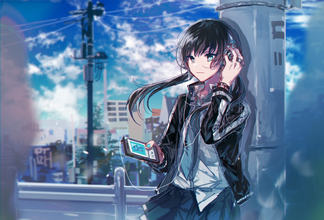 black_hair, building, city, clouds, danjou_sora, headphones, original, phone