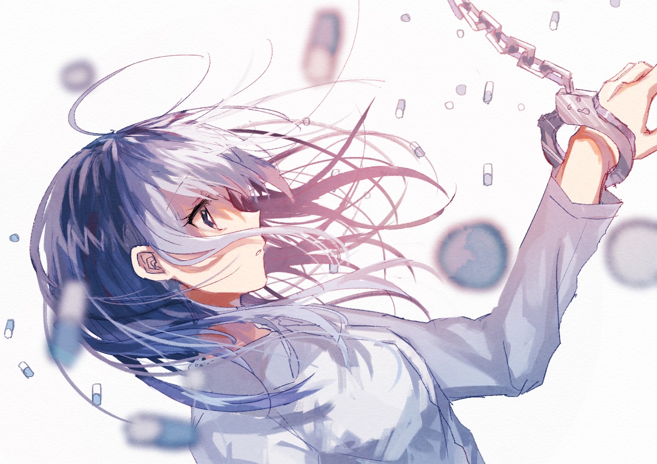 blue_hair, chain, danjou_sora, original, shackles, shirt, short_hair